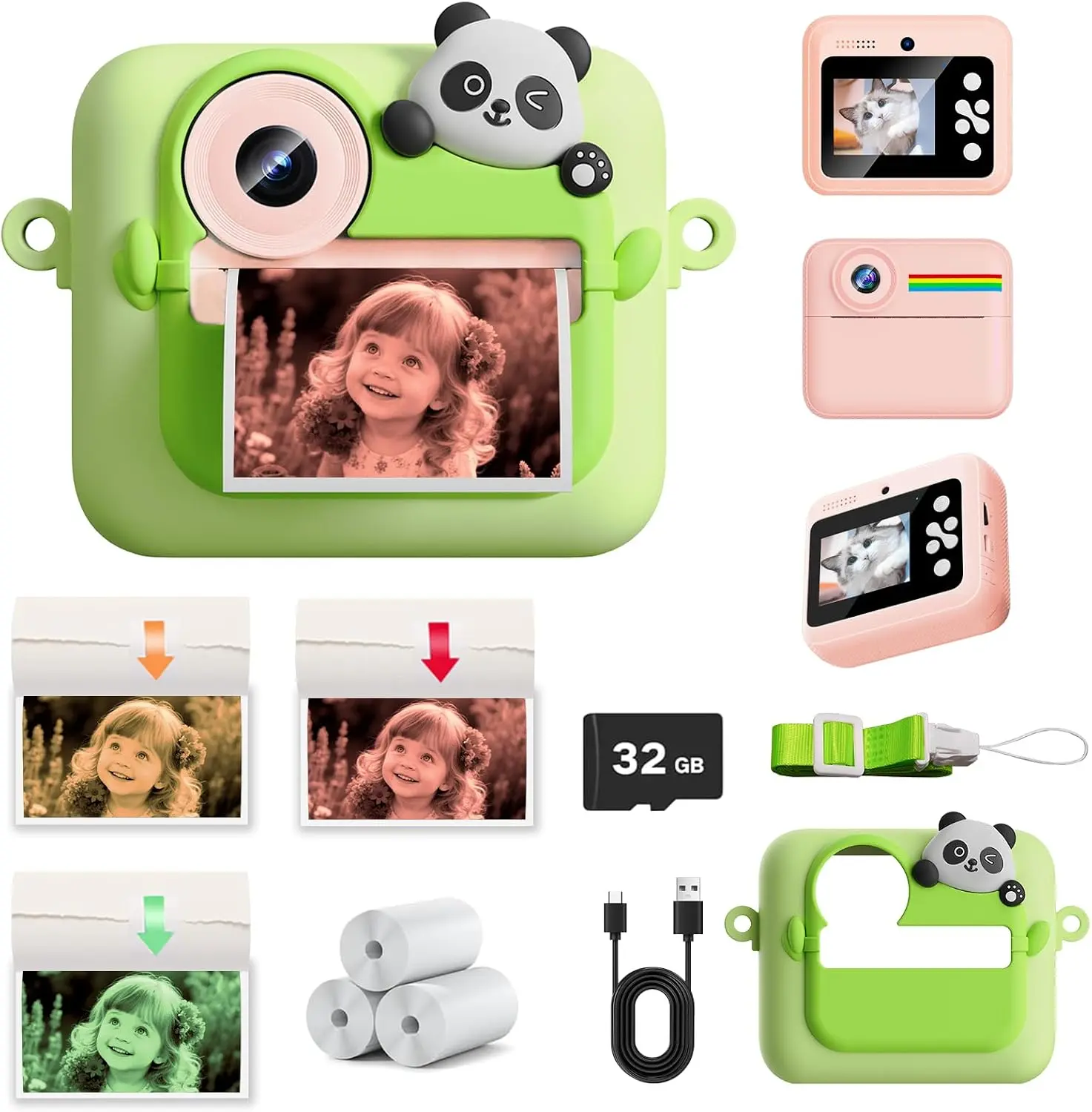 Instant Print Camera with 32GB Memory Card and USB Cable for Kids' Fun Photography