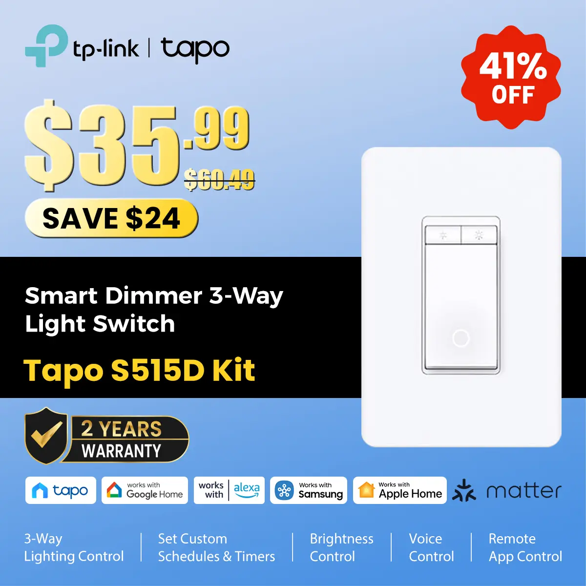TP-Link & Tapo S515D KIT Smart 3 Way Dimmer Switch KIT, Matter Compatible, Energy Monitoring, Neutral Wire Required, Works with Alexa, Siri, Google Home, SmartThings, UL Certified, 2.4GHZ Wi-Fi #SummerWins #DealsForYouDays
