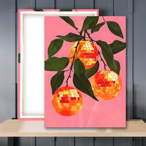 1pc Wooden Framed, Orange Disco Ball Poster, Glam Wall Art Canvas Painting, Bar Cart Print, Trendy Fruit Mirror Ball Poster, Preppy Prints Groovy Funky Home Decor, Retro Kitchen Print Print Wall Pictures, Dopamine Decor, Vibrant Print
