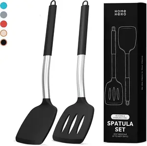 Black Silicone Spatula Set with Ergonomic Handles - Stainless Steel High Heat Resistant Solid & Slotted Turner Kitchen Utensils