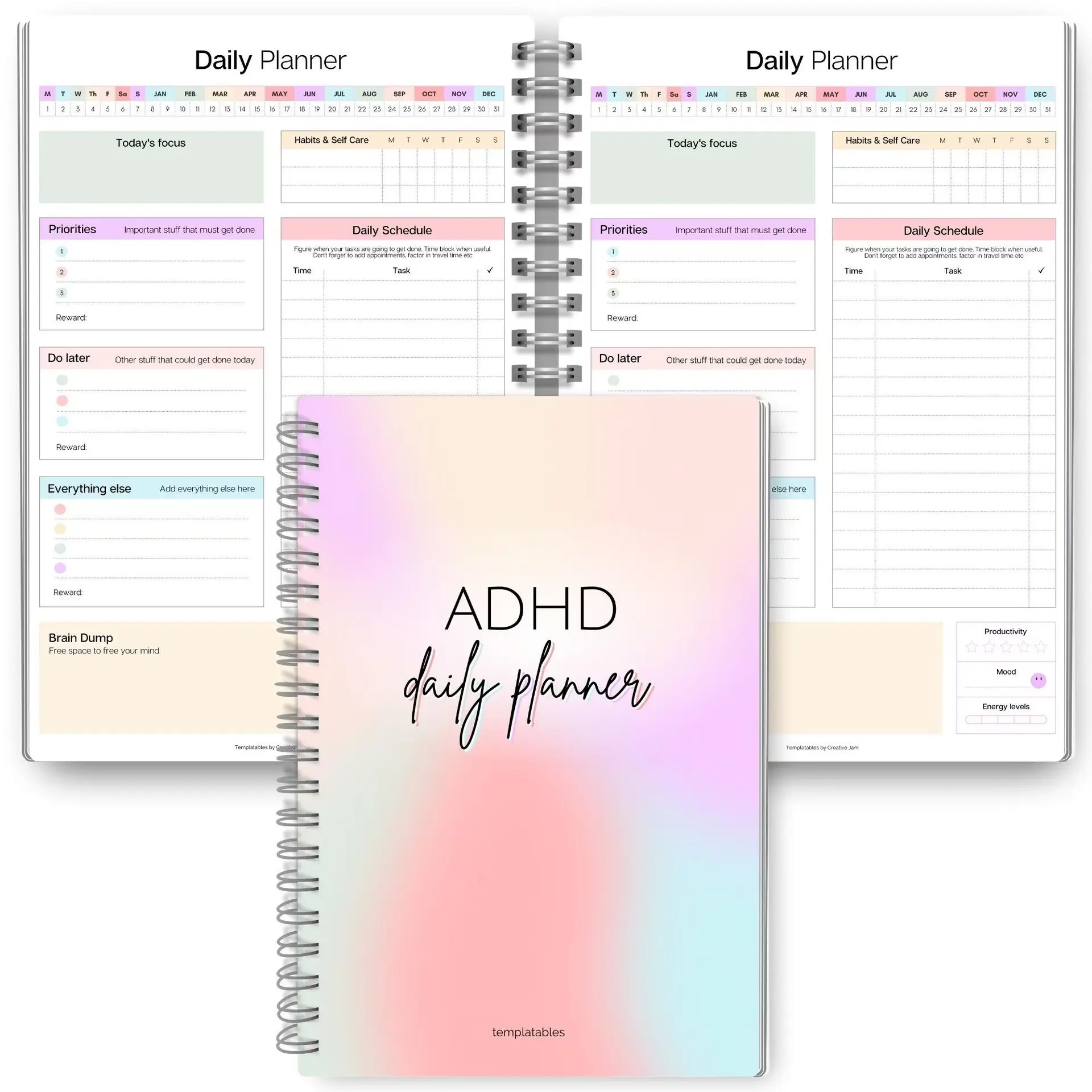 Neurodiverse Adult Adhd Daily Planner, Productivity Tool, To-Do List, Focus, Brain Dump, Cleaning, A5 Spiral Binding, Planner Notebook, Spiral Bound Planner