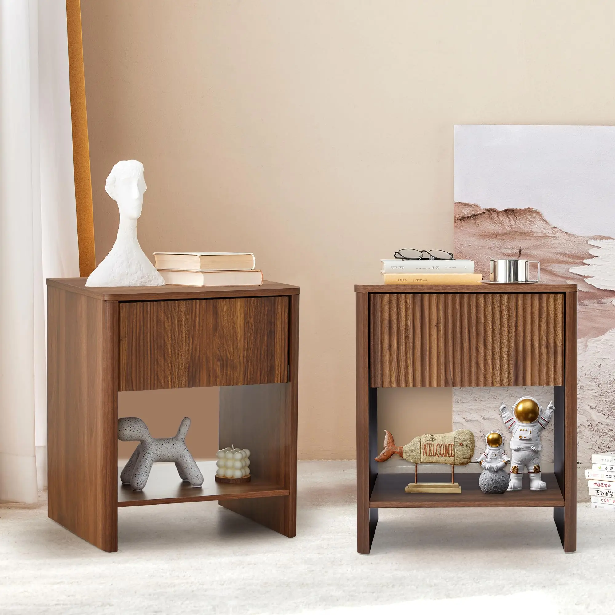 Giratree 2 Piece Mid-Century Modern Nightstand Set, Farmhouse Bedroom Nightstand, Small Side Table with Storage, Recessed Cabinet Wood Nightstand