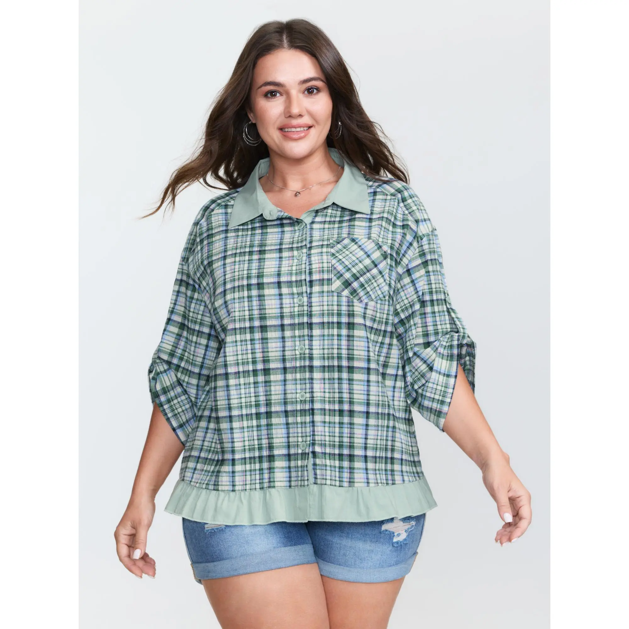 BLOOMCHIC Women's Plus Size Plaid Rayon-Cotton Garment Longsleeve Button-Down Blouse - Contrast Buttons, Casual Smooth Fabric, Pocket Design, M-6X Sizes,Summerfinds