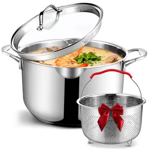 AOSION 6 Quart Stainless Steel Stock Pot with Deep Fryer Basket, 6QT Large Stockpot with Glass Strainer Lid,Ollas De Cocina for Spaghetti, Pasta Pot with Strainer,Compatible with All Cooktops