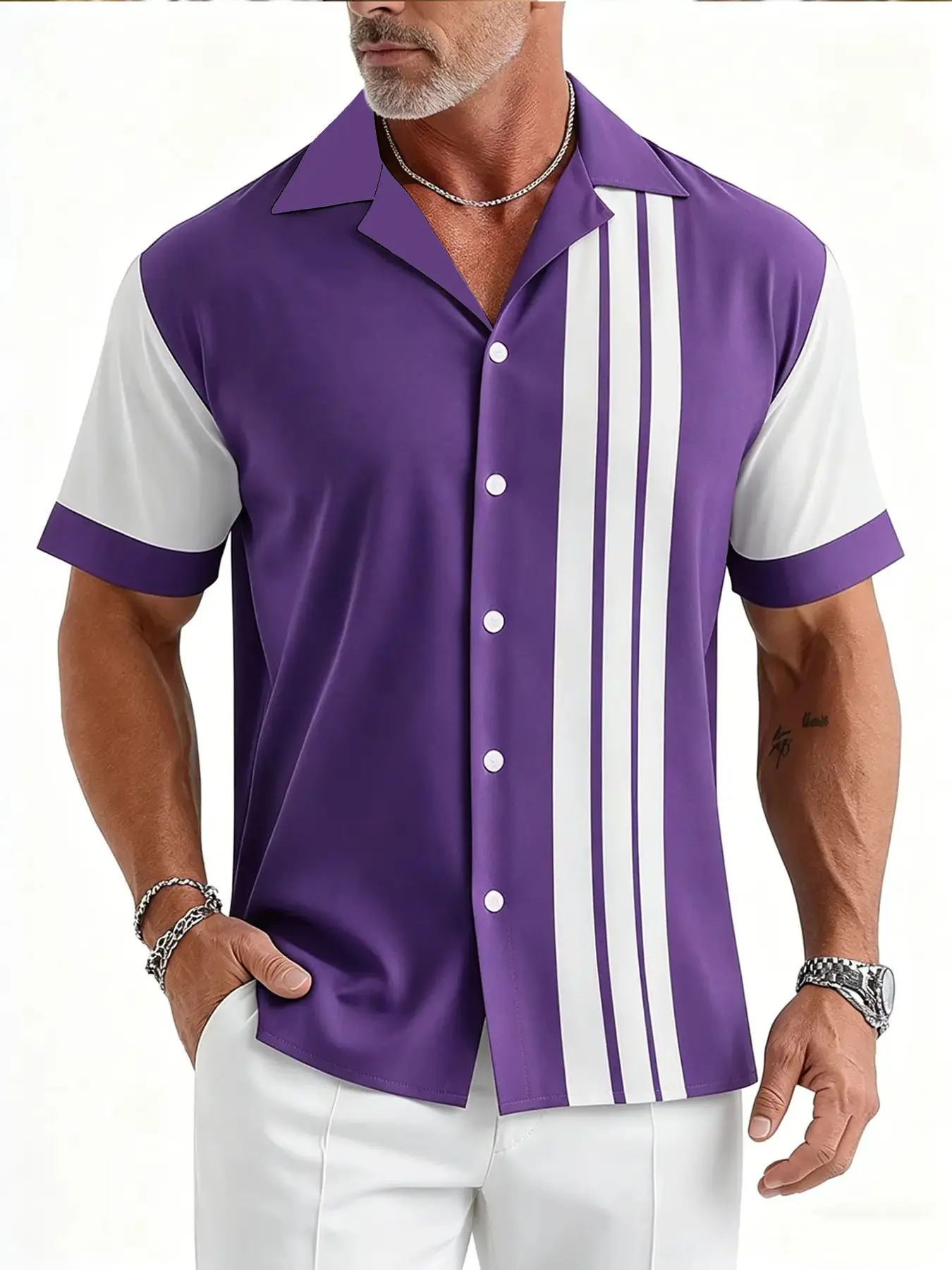Men's casual Summer Style Fitted short-sleeved shirt with purple and white vertical stripes and a Cuba collar