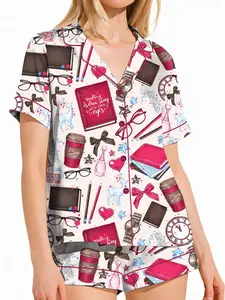 Book Lover Satin Pajama Set Women, Reading Print Sleepwear, Cute Pink Summer PJs, Cozy Short Sleeve Loungewear, Gift for Reader Girl