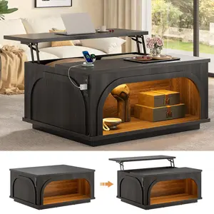 Sikaic Lift-Top Coffee Table with LED & Charging Station Matte Black Multi-Functional Lift-Top Design, Hidden Storage & Open Shelf, Built-in 3-Color LED Lights, Integrated Power Outlet & USB Ports
