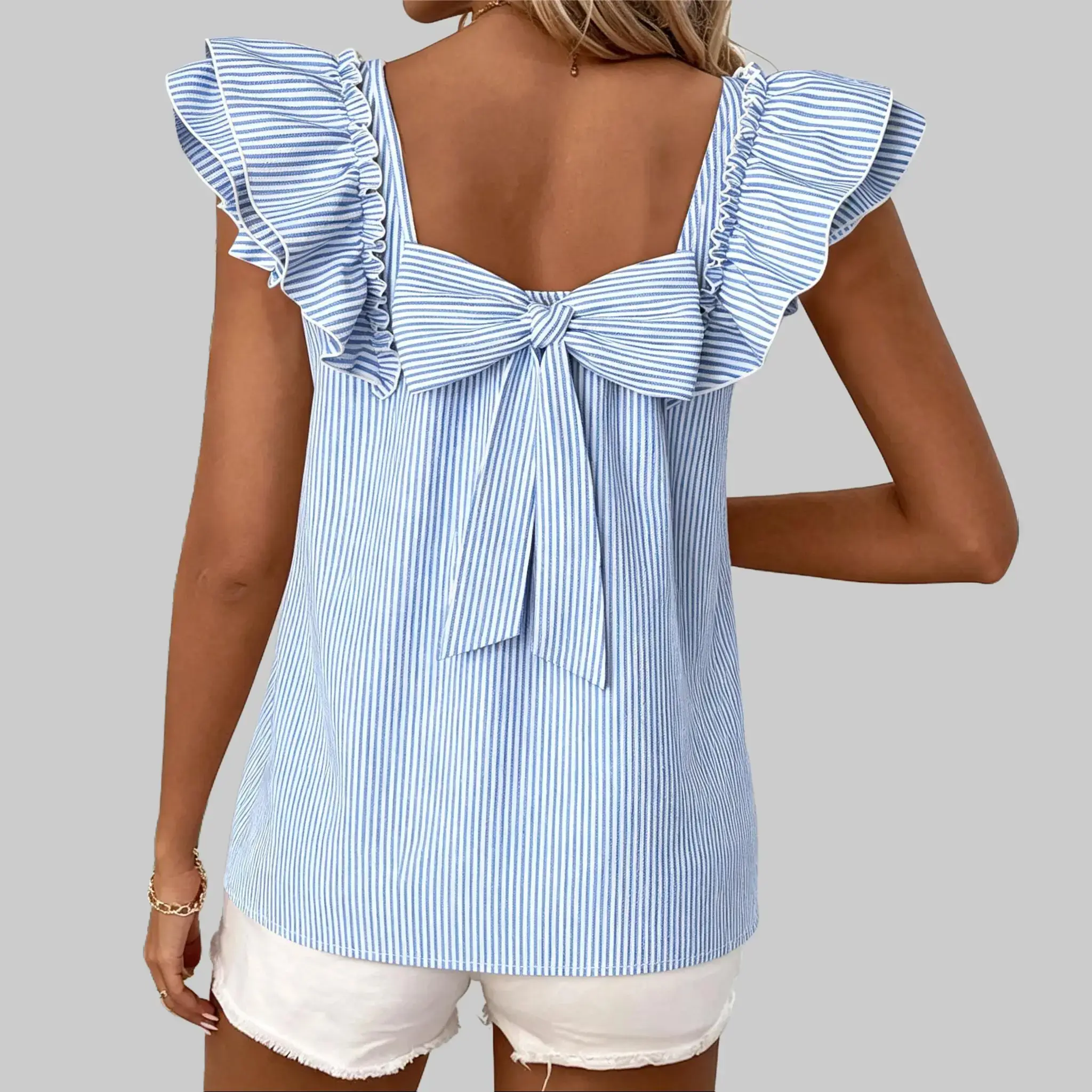 Women's Feminine Ruffled Cap-Sleeve Blouse, Chic Lady's Elegance Piece, Casual Solid Lightweight Textured Polyester Top with Round Neck & Bow-Back Detail, Fabric, Shirts,back to school,back to school shopping