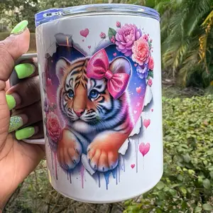 Tiger with a pink bow 12oz Insulated Coffee Mug with Adorable Tiger Design and Floral Accents Perfect for Coffee Lovers
