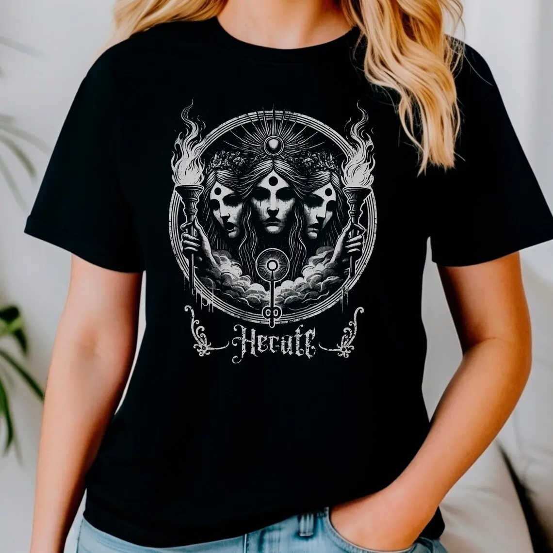 Vintage Hecate Triple Goddess Witch Dark Art Graphic Short Sleeve T-Shirt, Womens Occult Witchy Casual Tops, 100% Cotton Printed Craft Summervibes Top, Loose Fit Soft Breathable womens summer clothing