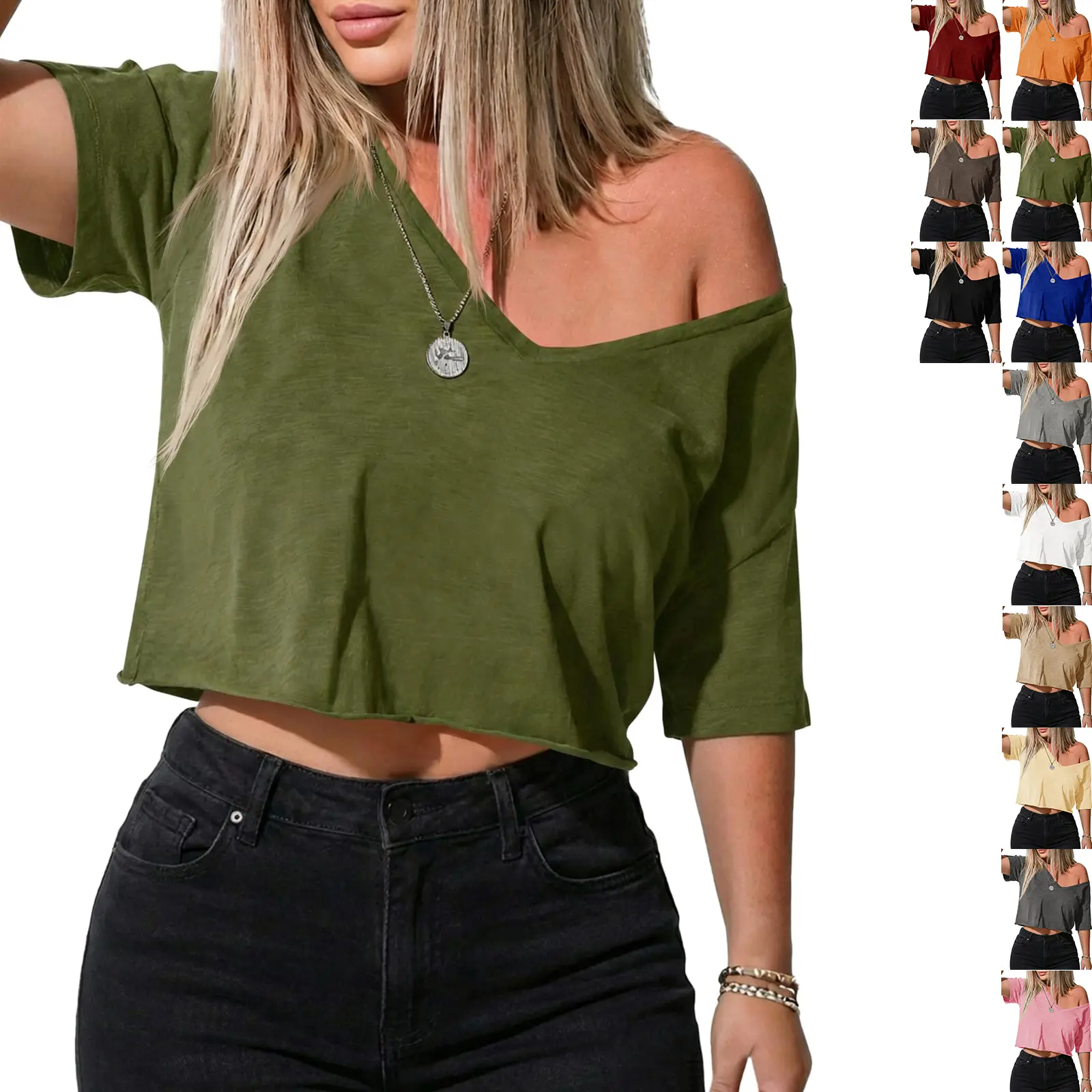 Tankaneo Womens Off Shoulder Crop Top Summer Casual Sexy Deep V Neck T Shirts Short Sleeve Loose Fit Basic Tees Vneck Apricot