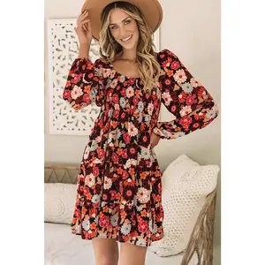 Multicolour Smocked High Waist Long Sleeve Floral Dress