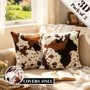 2Pcs Cow Print Soft Plush Faux Fur Luxurious Feel Throw Pillow Covers 18x18 Inch Ins Modern American Farmhouse Vintage Cushion Covers for Living Room Sofa Bedroom Car Holiday Home Decor No Pillow Core