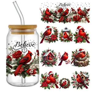 4pcs Set UV DTF Self-Adhesive 3D Crystal Decals for Glassware, Christmas Cardinal Decorative Transfer Paper, Waterproof Scratch-Resistant Plastic Wrap, High-Quality Vinyl Embellishments for Cups And Bottles, DIY Decorative Stickers, DIY Art Stickers
