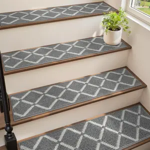 15 Piece Anti-Slip Stair Treads Set, Peel and Stick Indoor Wooden Steps, Washable Reusable Sticky Stair Carpet Mats for Kids Dogs Seniors, Machine Washable Rugs