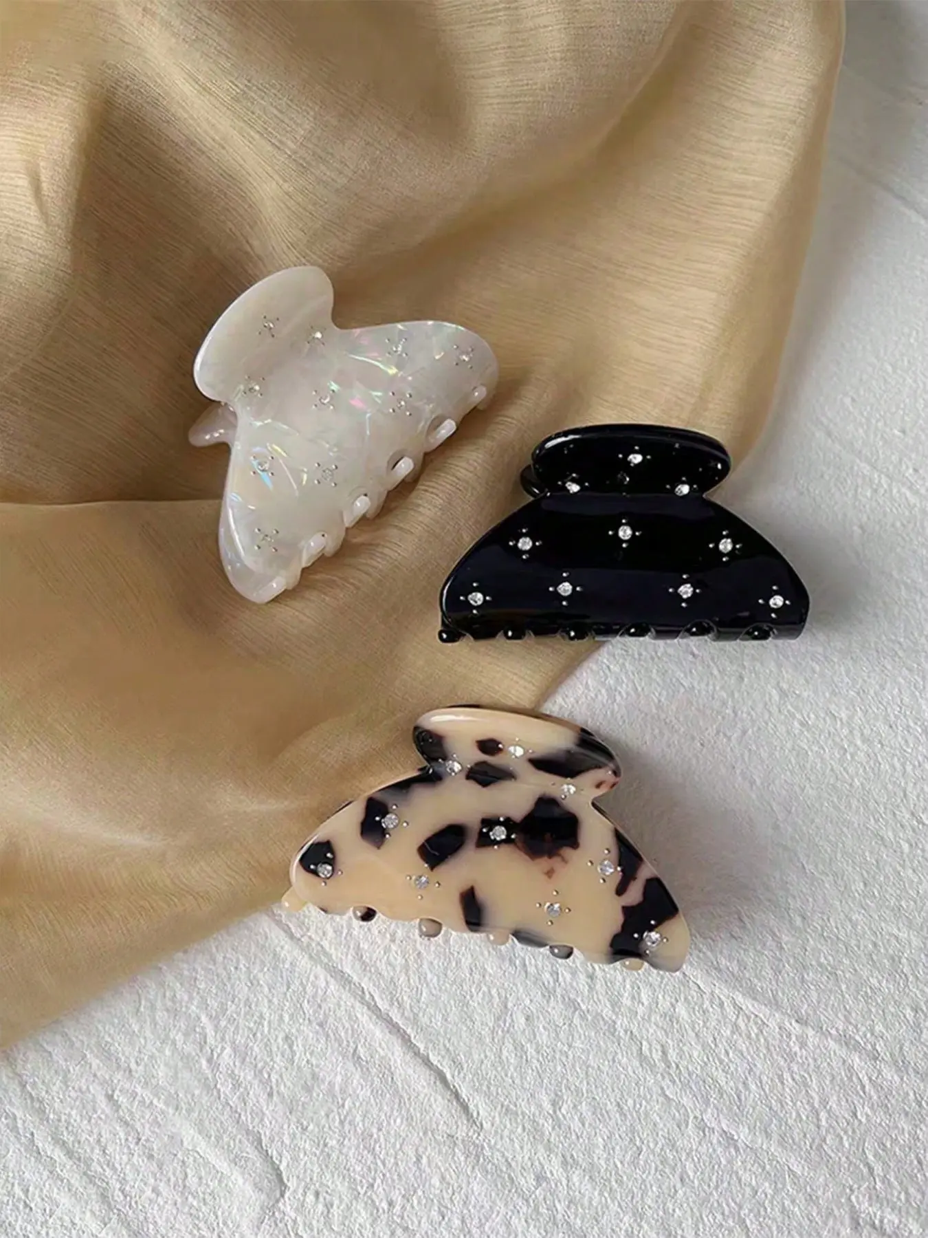 Elegant Vintage Leopard Print Rhinestone Hair Claw Clips, 3pcs Acetate High-Quality Fashion Hair Accessories for Daily and Casual Parties, Bejeweled Accent, Leopard Pattern, Claw Clip Pack, Hair Clip Set