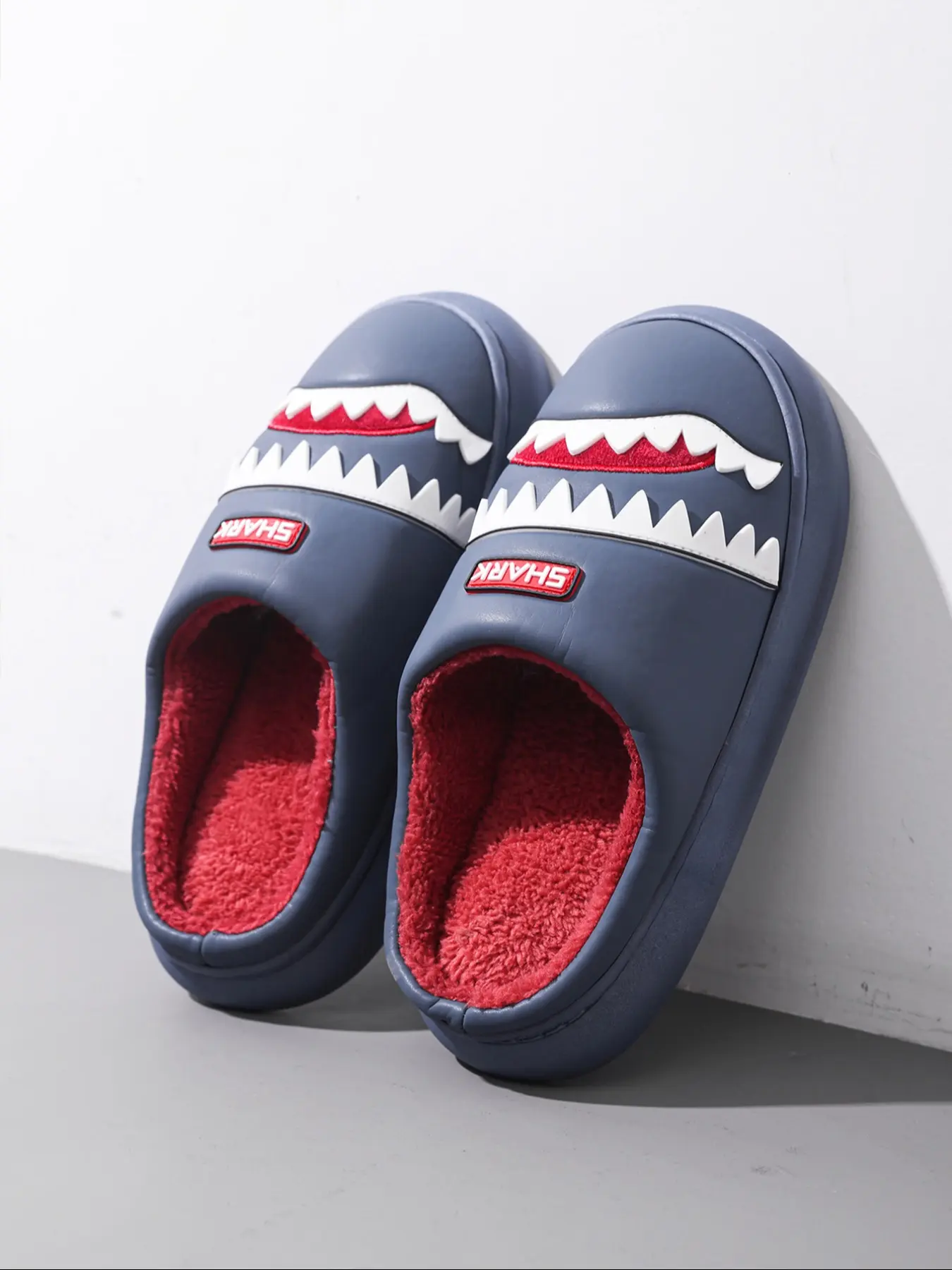 Men's Fun Cotton Slippers, Blue Shark Winter Indoor Home Slippers, Thick Sole Warm Couple Slippers, over the Knee Eva Sole Footwear, Warm Home Shoes