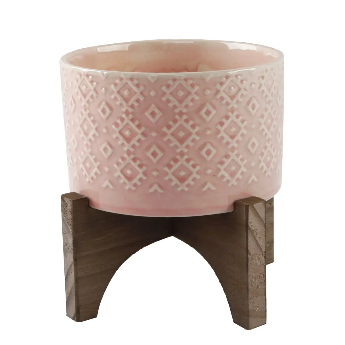 Flora Bunda CT902E-PK Indian Pattern Ceramic Flower Pot on Wood Stand, Hand-Crafted by Artisans, 5' Tall, 6.25'x6.25'x6.25', 1.7 lb, Garden Flower Pots & Planters