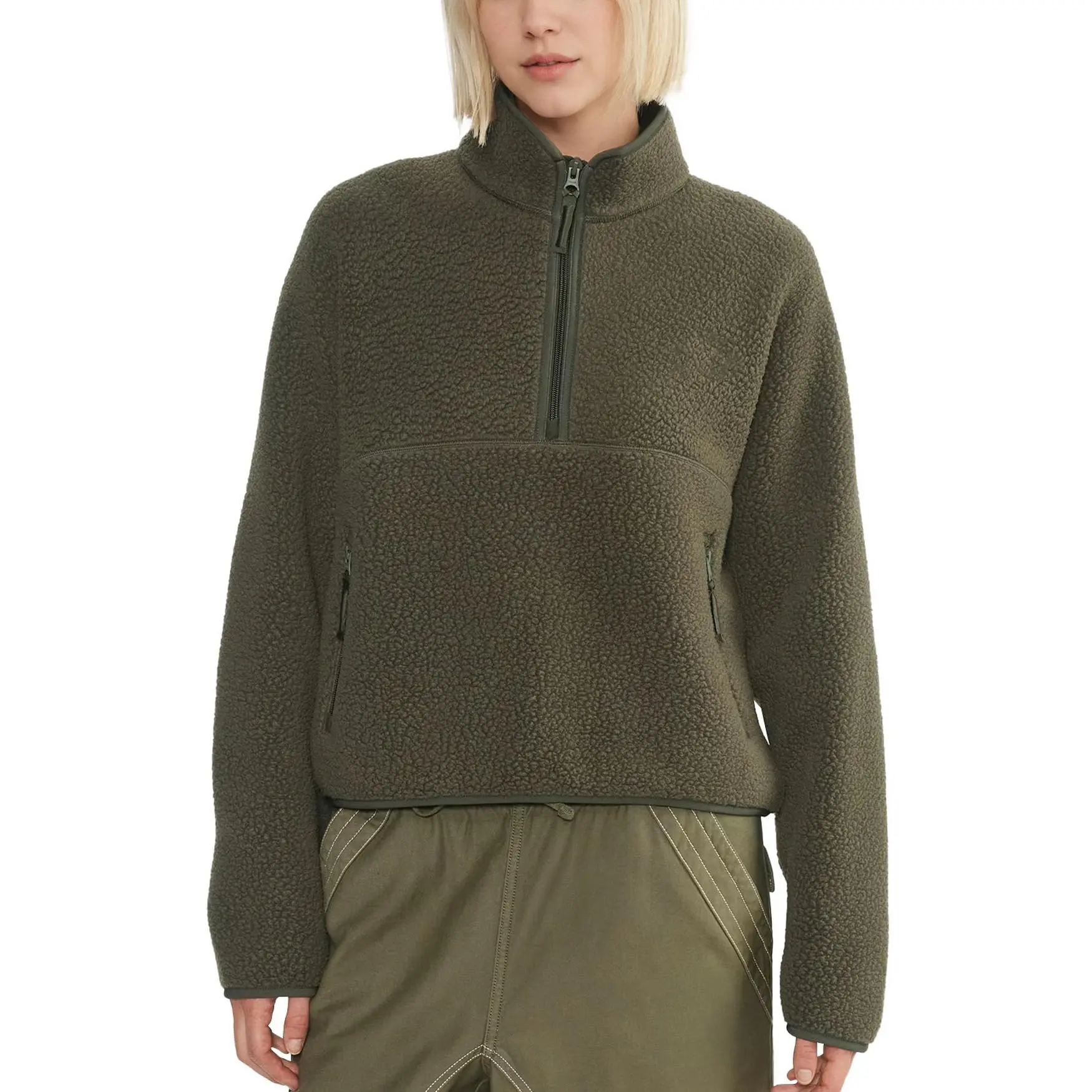 Hixiaohe Women's Cropped Fleece Sweatshirts 1/2 Half Zip Up Sherpa Pullover Jackets Warm Fuzzy Winter Outfits with Pockets Casual Breathable Thermal Fleece Loose Fit Cargo Hoodie TikTokShopBlackFriday