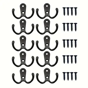 10 Pieces, Coat Hook Wall-mounted, Heavy-duty Metal Double Hook With 20 Screws, Storage Hooks, Wall Single Hook Hanging Robes, Towels, Keys, Jackets, Clothes, Hats, Etc