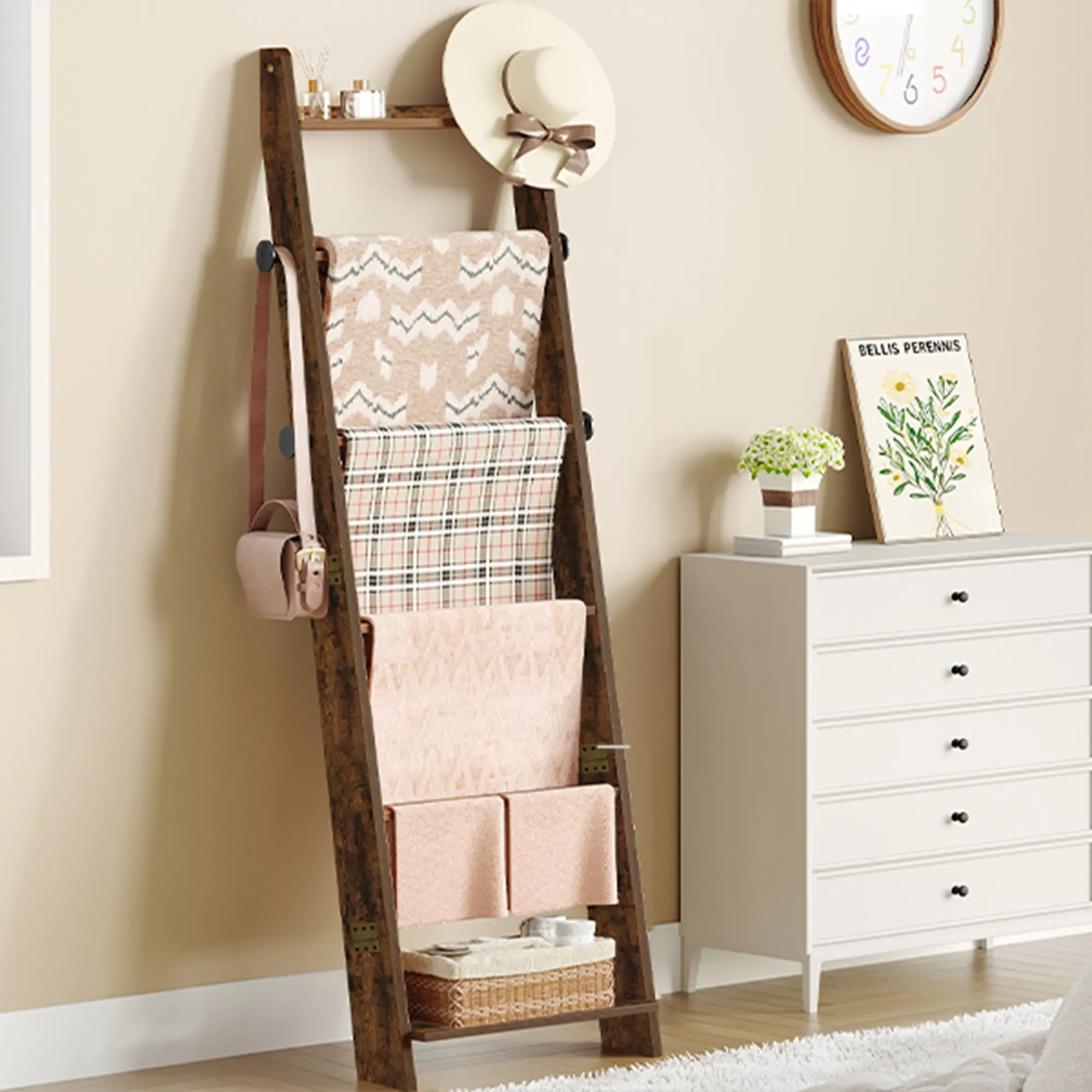Hzuaneri Decorative Blanket Ladder - 4-Tier/5-Tier/6-Tier Indoor Furniture Shelf with 4 Removable Hooks, Farmhouse Hanging Organiser for Living Room Bedroom Storage