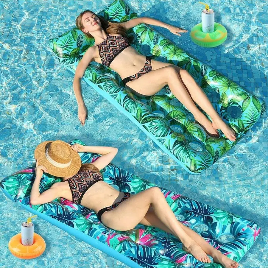 New 21-Hole Water Hammock PVC Inflatable Floating Lounger Chair, Adult Water Hammock Leaf Print Lounge Chair Pool Float Pad, Pool Float Chairs