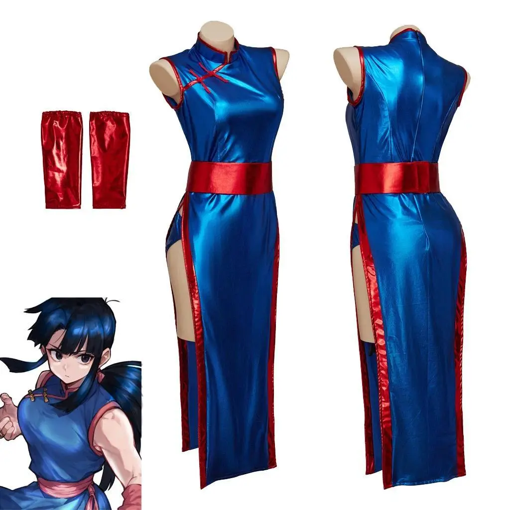 Women's Anime Chichi Cosplay High-Split Blue Cheongsam Battle Suit Clothes - Sexy Kung Fu Gowns for Halloween Party Festive Supplies