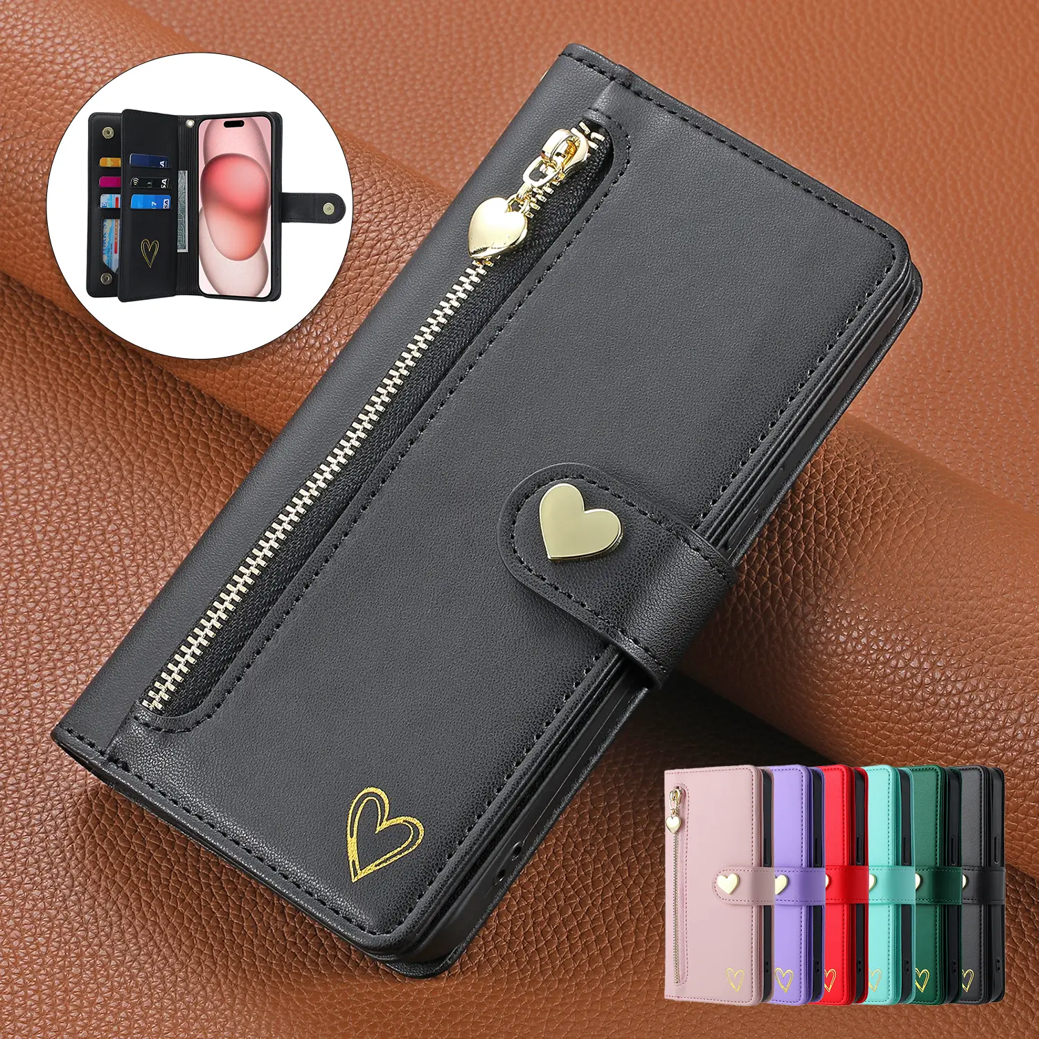 Crossbody Wallet Case For iPhone 17 Air 16 15 Pro Max 14 13 12 11 Leather Magnetic Phone Case with Card Holder Kickstand&Wrist Strap&Zipper Purse Flip