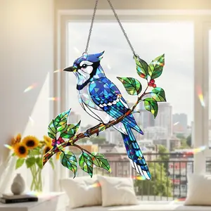 Blue Jay Bird Acrylic Hologram Suncatcher, Stained Glass Style Window Hanging, Colorful Songbird Decor for Bird Lovers