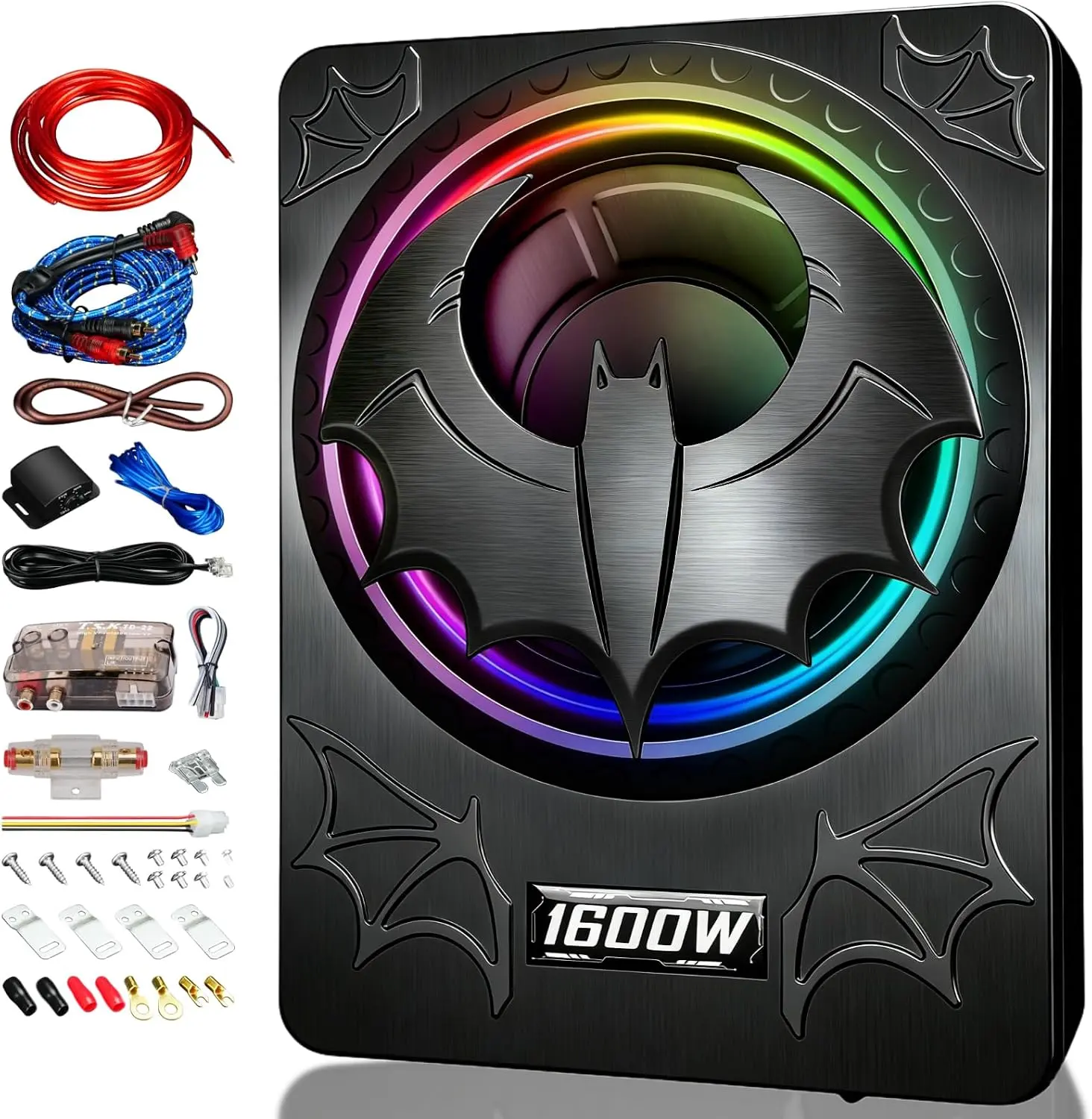 10-Inch 1600W Ultra-Compact Slim Underseat Car Subwoofer with Built-in Mini Amplifier, RGB Light, Loud Bass Speaker, Wired Controls, LPF/Gain/Bass Boost, Distortion-Free Sound, Universal Fit, Full-Set Car Audio Installation Kit, Led Lights