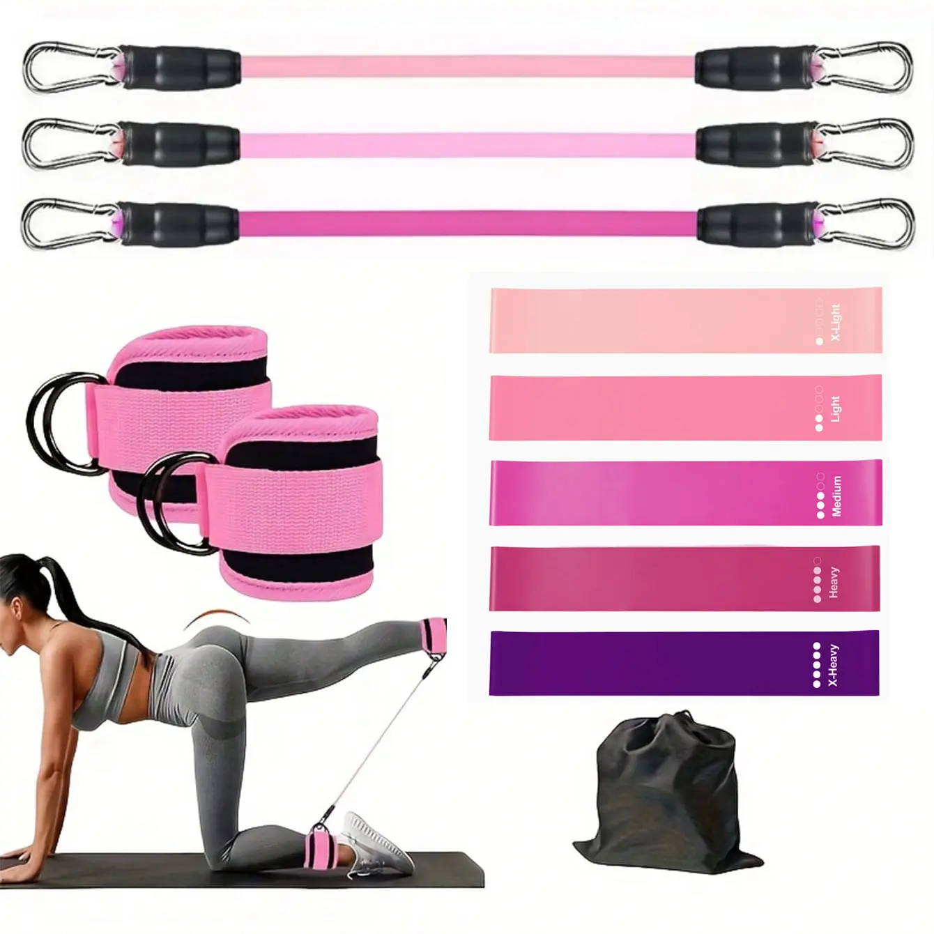 LHU 11-Piece Resistance Bands Set - Multi-Level Gym-Style Training Equipment for At Home Glute Workout, Lower Body Leg Toning with Ankle Straps, Fitness Bands, Elastic Sport Band