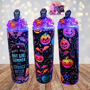 20 Oz Stainless Steel Rainbow Pumpkin Light Up Tumbler with Removable Magnetic Lid - Bottle, Drinkware