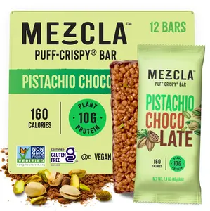 Mezcla Pistachio Chocolate Puff-Crispy Bar - 10g Plant Protein, Gluten Free, Vegan, 12 Bars, 160 Calories, Non-GMO Verified