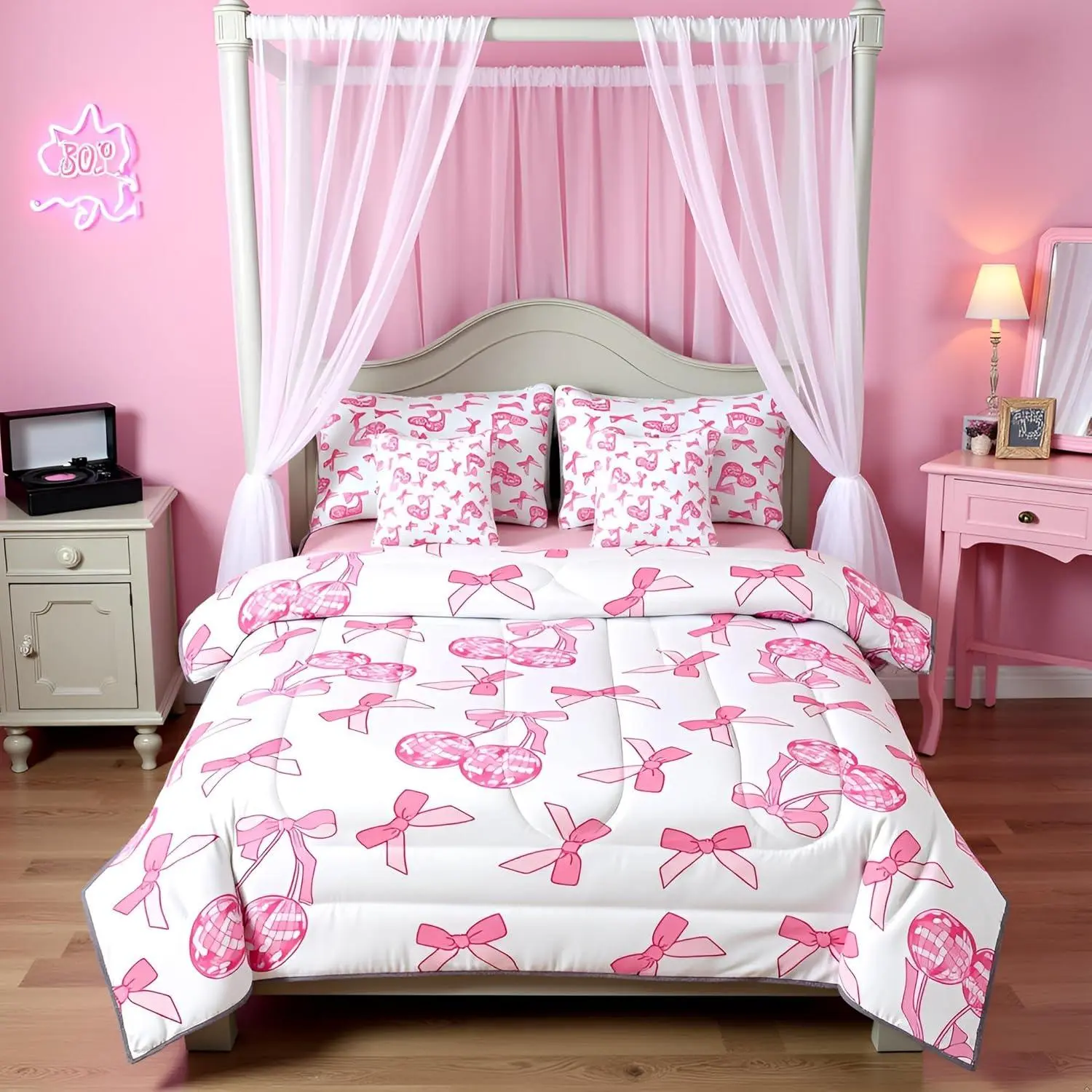 7 Pieces Cartoon Bowknot Kids Comforter Set,Western Cowgirl Disco Ball Retro Bedding Set,Bow Tie Cute Princess Pink Romantic（Comforter+Fitted+Flat Sheet+2 Pillowcases+2 Throw Pillow Covers）