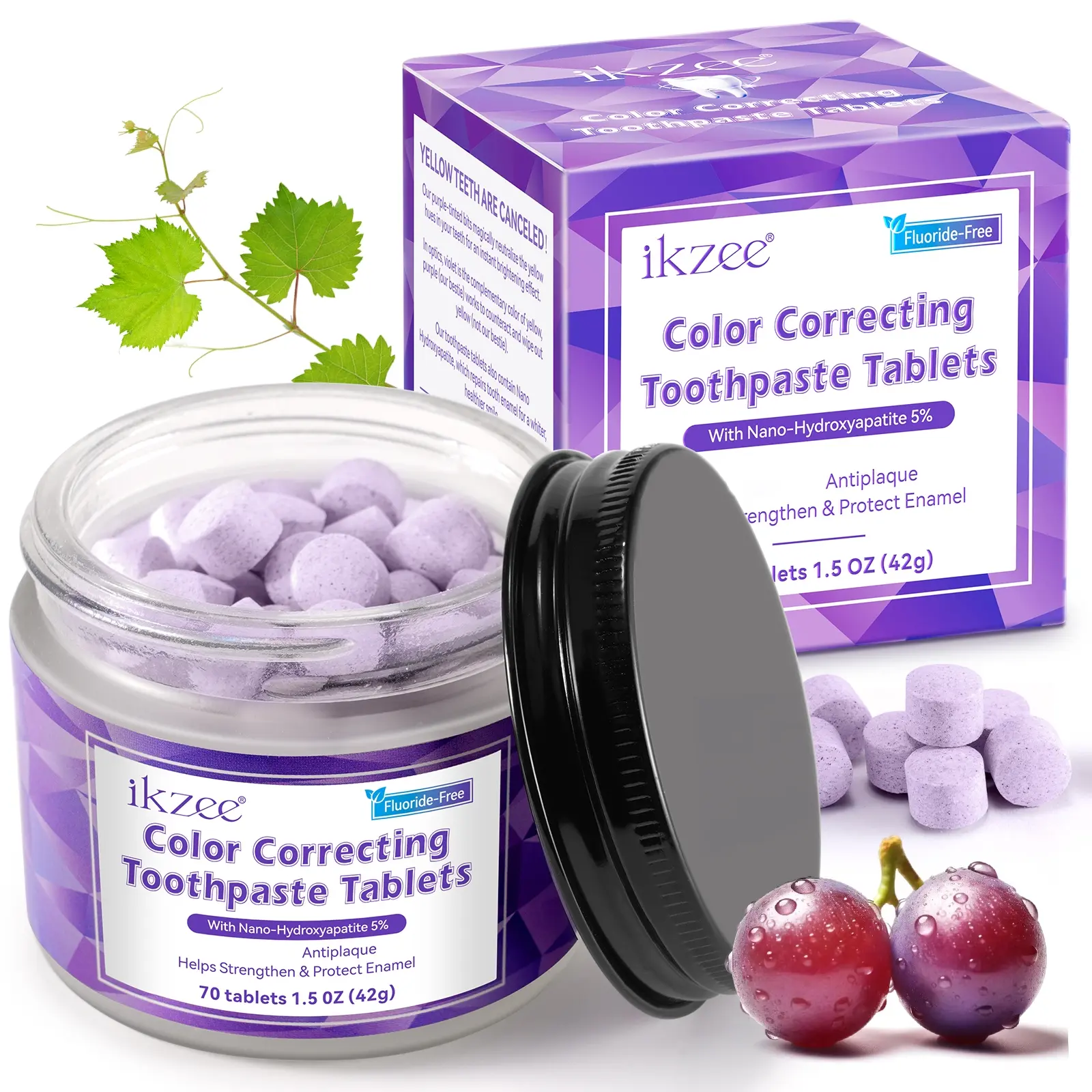 Ikzee Mint Portuguese Color Correcting Toothpaste Tablets 70 Count, Contains 5% Nano Hydroxyapatite, Oral Care Mouthwash, Teeth Cleaner, Suitable for Adults & Kids over 7 Years, Daily Use
