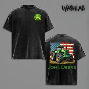 Retro American Flag John Deere Tractor Acid Washed Shirt, International Harvester Tractor Double Sides Men Women Vintage Graphic Tee Country Western Streetwear Oversized Short Sleeve Shirt, Gift For Friends