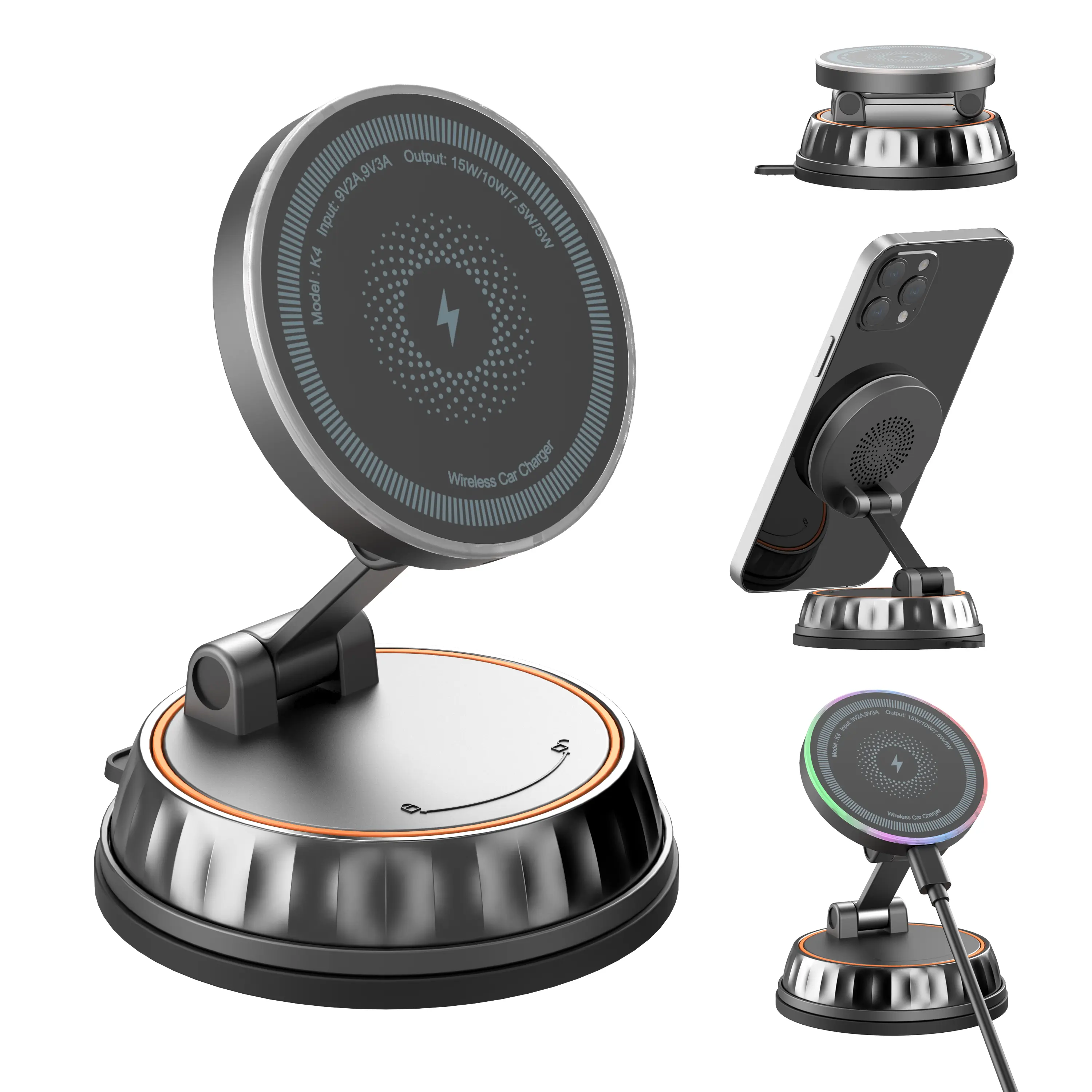 Upgraded 15W Magnetic Fast Charging Car Port Charger - Vacuum Nano Gel Suction Phone Mount, 360° Adjustable Car Accessory, Super Fast Charge Compatible with iPhone & Samsung, Charger Compatible