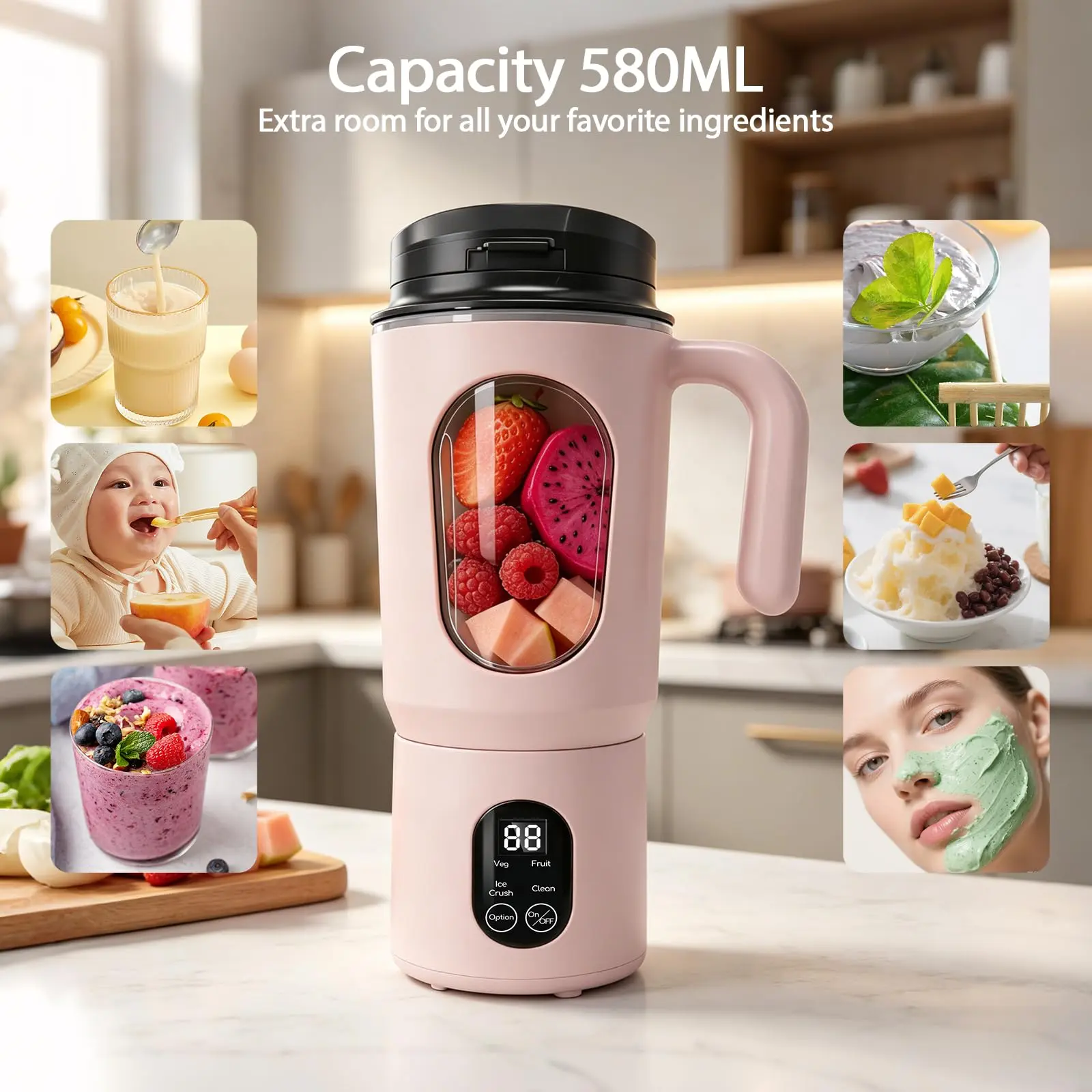2-in-1 USB-Rechargeable Portable Mini Blender Juicer, 12-Blade, 580ml Detachable Cup, Digital Display, 4 Modes, Easy To Clean, W/ Straws & Cleaning Brush, for Smoothies & Shakes