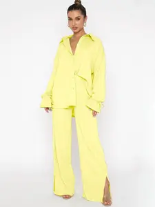 Two-Piece Set Women's Tie Cuff Long Sleeve Button Down Shirt and Split Wide Leg Pants Set, Co-ord Sets, Two Piece Sets, 2 Piece Set Women, Suits, Casual Solid Button Up Shirt Blouse with Trousers, Spring & Fall Clothes Set for Daily Wear