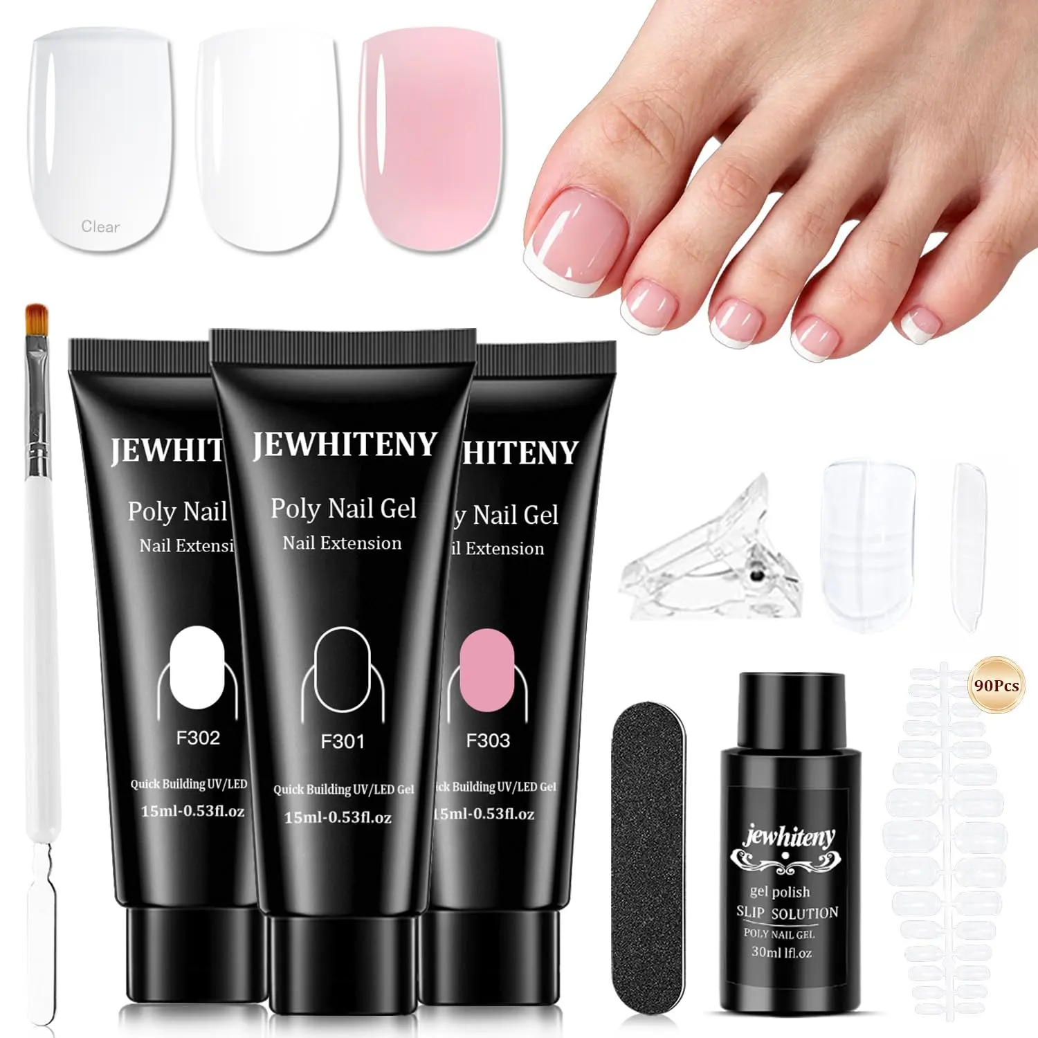 JEWHITENY 3-Color (Pink, Clear, White) Poly Gel Nail Kit - Long Lasting Acrylic Manicure Set for Toes, Daily French Nail Care