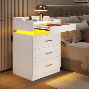 HAUOMS LED Nightstand with Charging Station,Night Stand with Pull-Out Shelf,Bedside Table with Drawers,Modern End Table Side Table Storage Cabniet