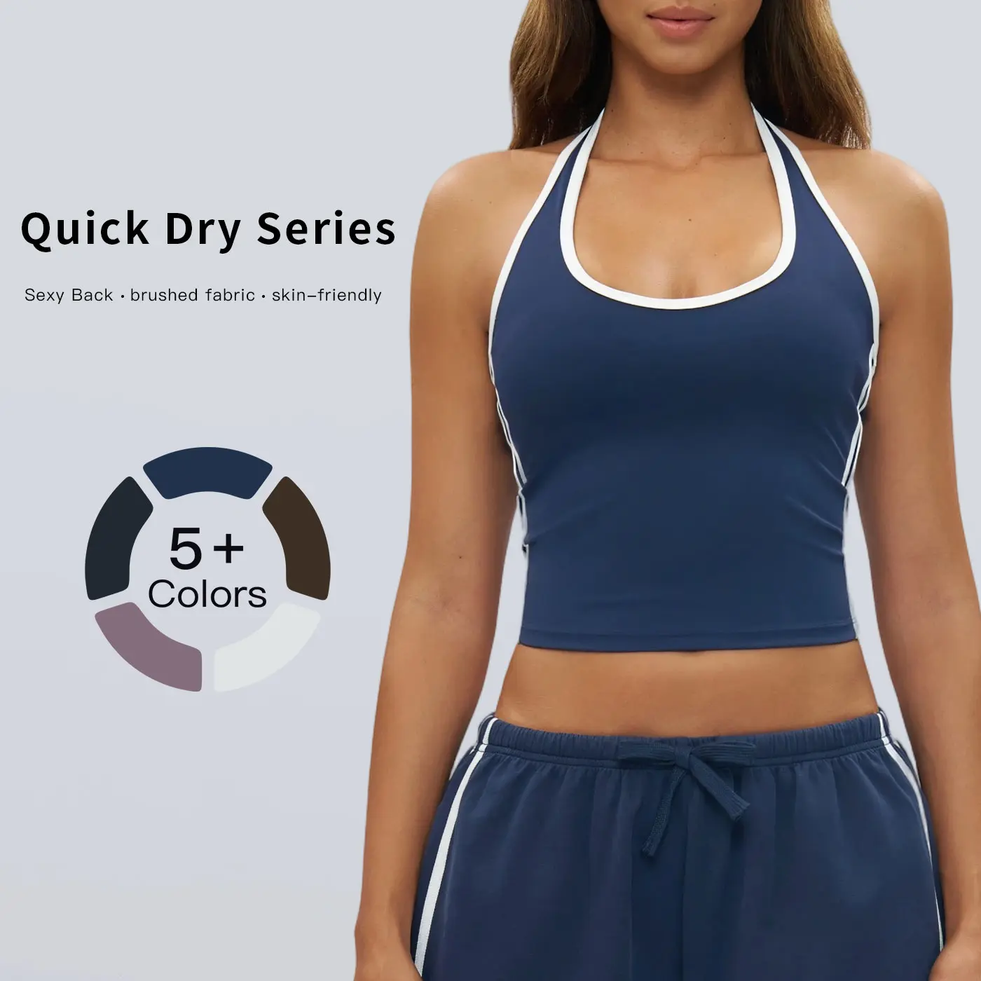 Tenwolf Women's 2-Piece Yoga Set, Fitted Color Block Nylon Spandex Activewear with Halter Neck Backless Top and Tight Shorts for Workout, Running, Workout Wear, Yoga Running, Upper Body Workout