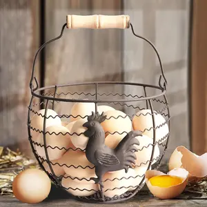 Fresh Eggs Collecting Basket With Handle,Vintage Style Metal Wire Eggs Holder Basket for Countertop Kitchen Storage Bin