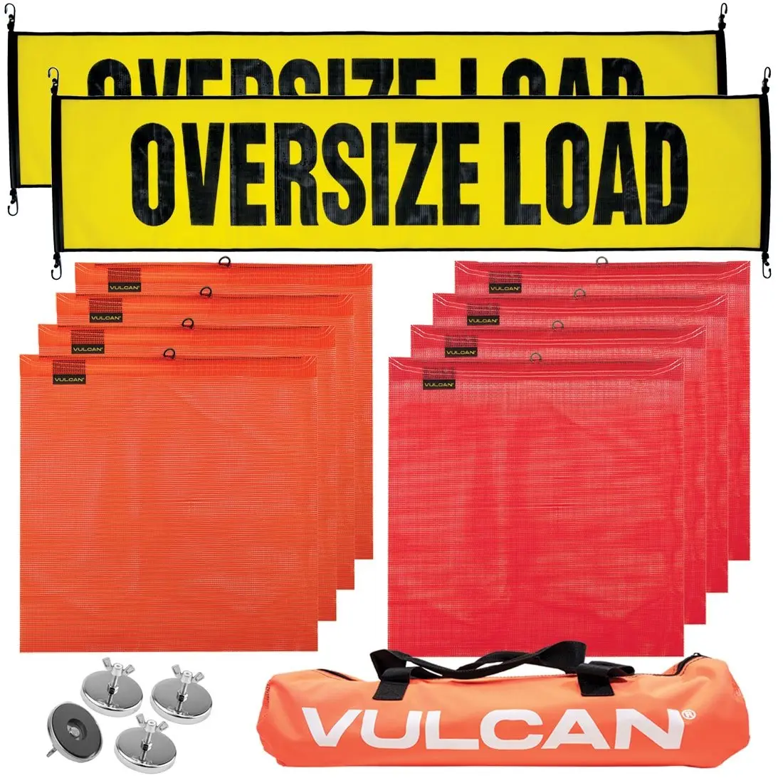 VULCAN Oversize Load Banners, Flags and Magnets Kit - 2 Stretch Cord Oversize Load Banners, 4 Magnets, 4 Red Flags, 4 Orange Flags, Storage Bag Party Decoration Supplies Steel Round Vinyl