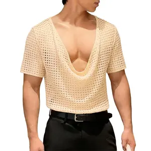 INCERUN Men's Breathable Fashion Menswear Mesh Draped T-Shirt, See-Through, Sultry Rave Festival & Nightlife Aesthetic