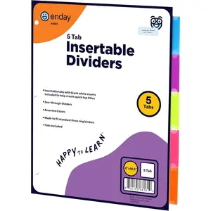 Binder Dividers with Tabs, 5 Dividers for 3 Ring Binder Standard Index Folder Dividers, Plastic Multicolor Dividers with White Insertable Tabs – by Enday (5-Tab, 1 Pack)