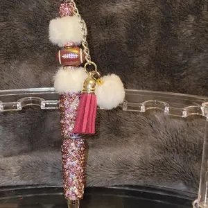 Purple Rhinestone Beaded Pen with Faux Fur Pom Poms and Tassel Charm for Stylish Writing