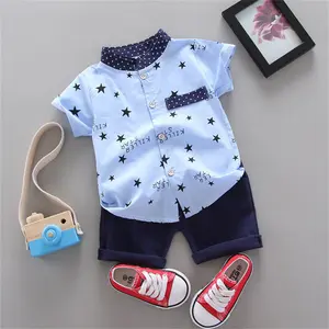 Children's Short Sleeve Summer Outfit Star Print Kids Fashionable Shirt and Shorts Set Two Piece for Casual Wear