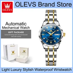 OLEVS 6727 Ladies Automatic Mechanical Watch, Elegant Two-Tone Gold Silver 34mm Blue Dial Wristwatch with Rhinestone Roman Numerals, Day & Date Dual Display, Luminous Hands, Water Resistant Stainless Steel Fashion Dress Watch, Ideal Premium Gift for Women