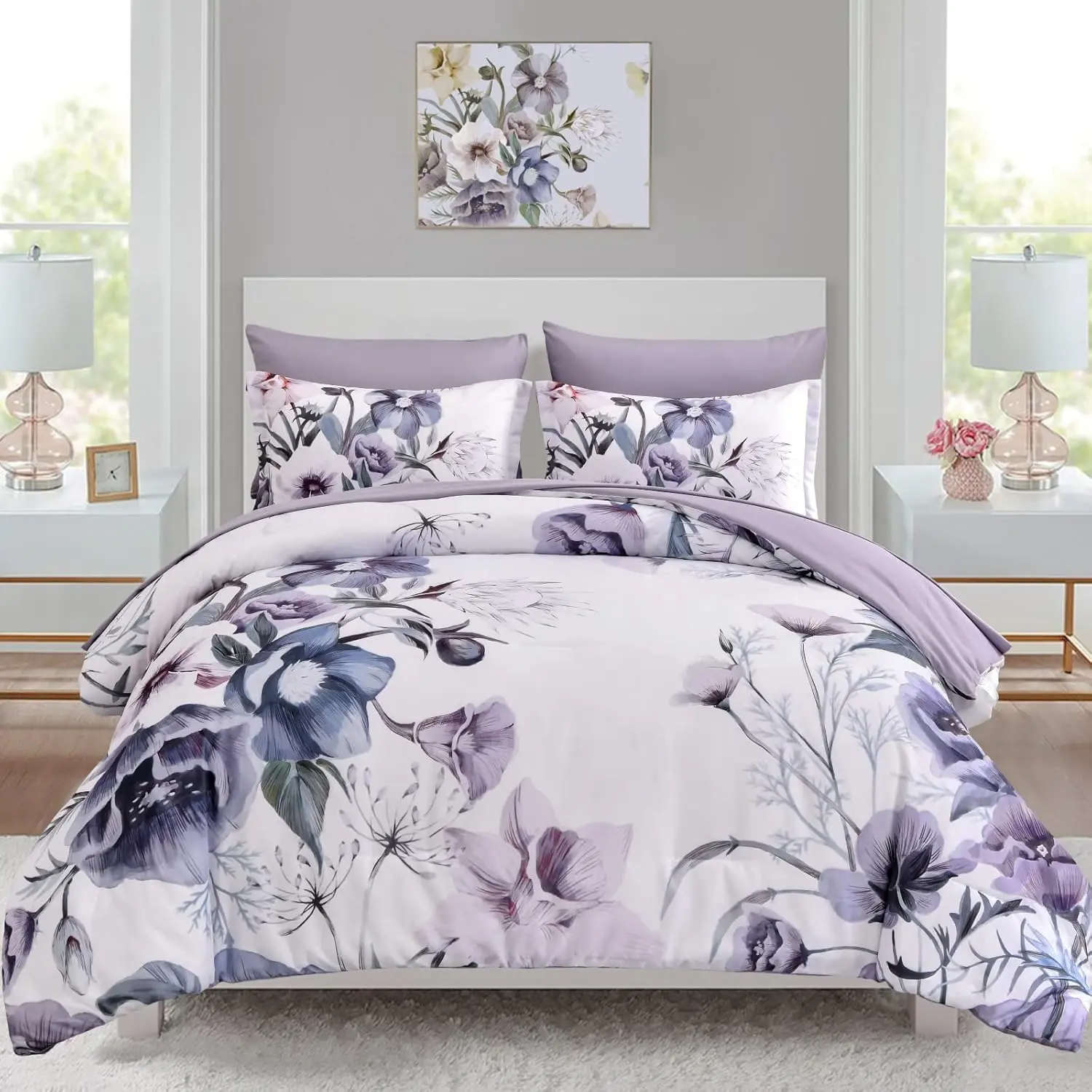 Floral Comforter Set King Size 7 Piece, Purple Flower Bed in a Bag, Elegant Floral Comforter with Sheet Set, Soft Microfiber Bedding Set for All Season (Purple, 104"x90")